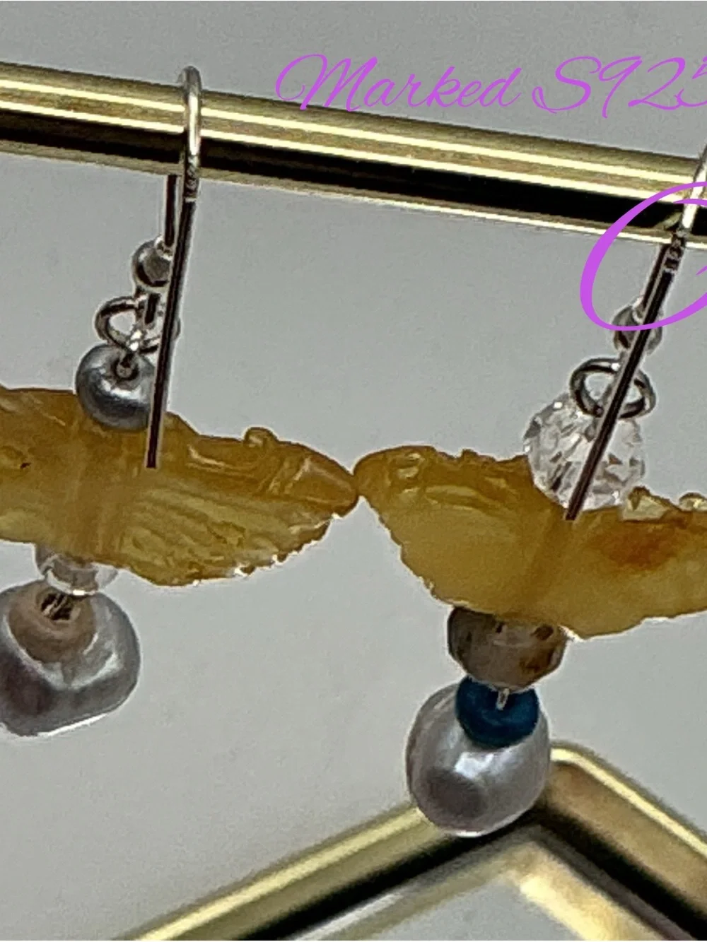 Yellow Amber Butterfly Pearl Drop Earrings